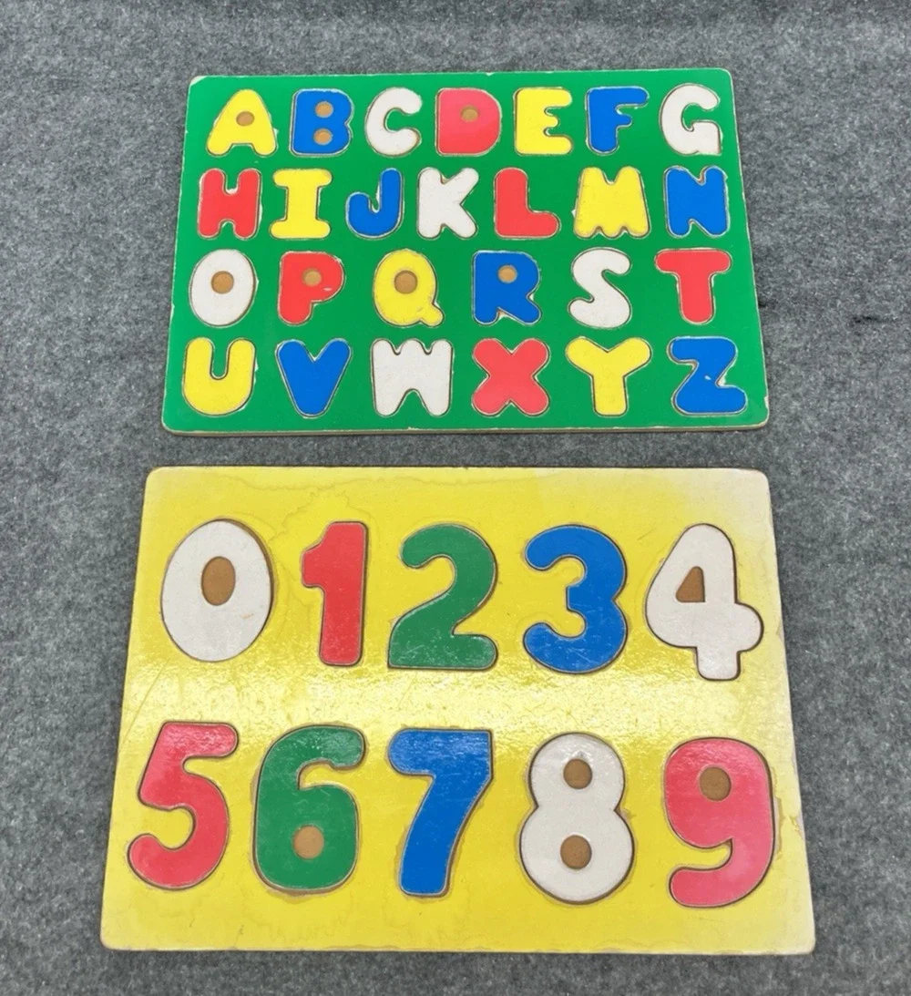 VTG Wooden ABC Alphabet 123 Number Puzzle Set of 2 Flat Inlay Toddler Montessori